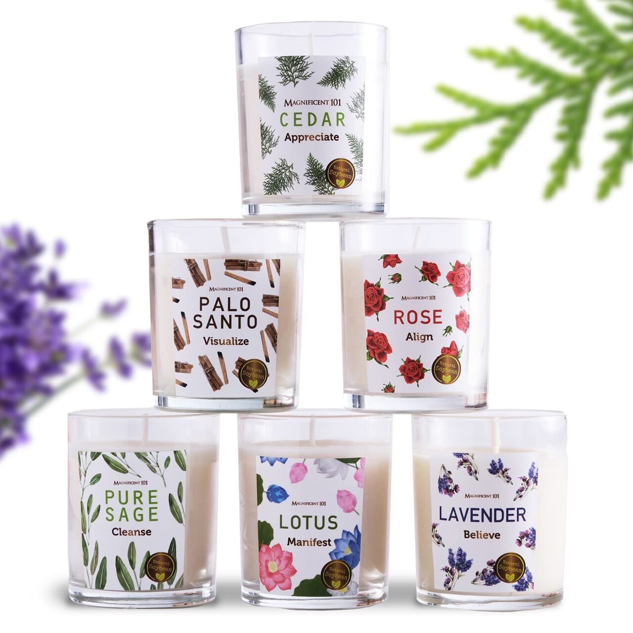 Magnificent 101 Long-Lasting Manifestation & Intention Aromatherapy Candles - Set of 6 | 21 Oz - 84-Hour Burn | 100% Soy Wax - Cedar, Palo Santo, Pure Sage, Lotus, Rose & Lavender